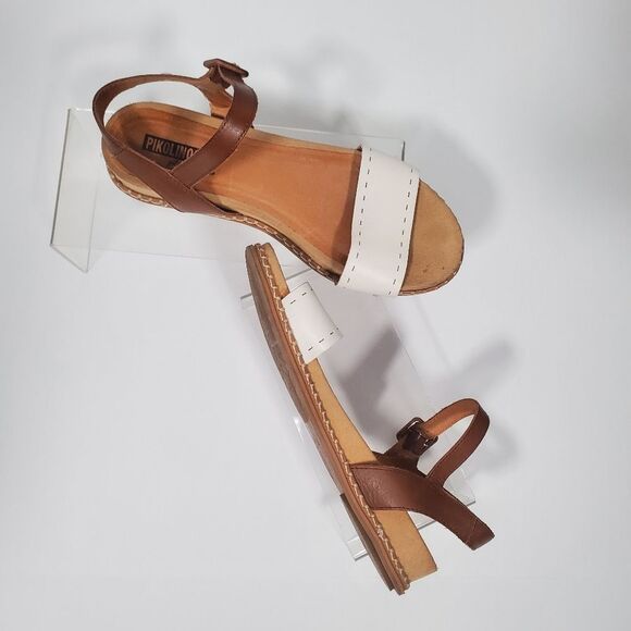 Pikolinos Women's Sandals US 7.5 EU 38 White Brown Leather Ankle Strap Low Heel - Picture 1 of 10